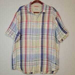 Tommy Bahama L 100% linen multicolor plaid short sleeve button-down shirt, logo